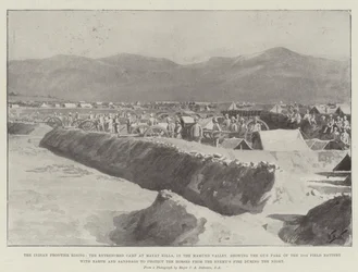 The Indian Frontier Rising, the Entrenched Camp at Mayat Killa, in the Mamund Valley, showing the Gun Park of the 10th Field Battery with Earth and Sandbags to protect the Horses from the Enemy